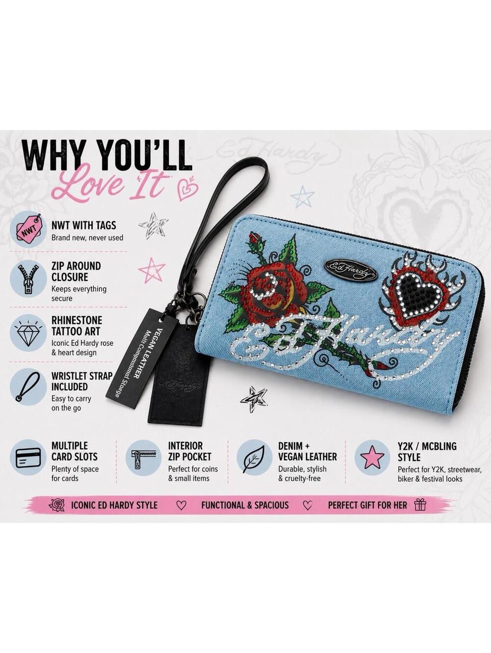 Ed Hardy Denim Tattoo Rose Heart Rhinestone Wristlet NWT - Picture 5 of 9